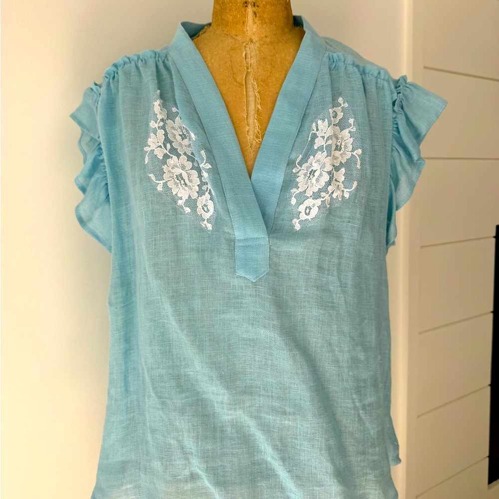Vanita Rosa Muse Linen Lace Ruffle Top From Saint Barths.